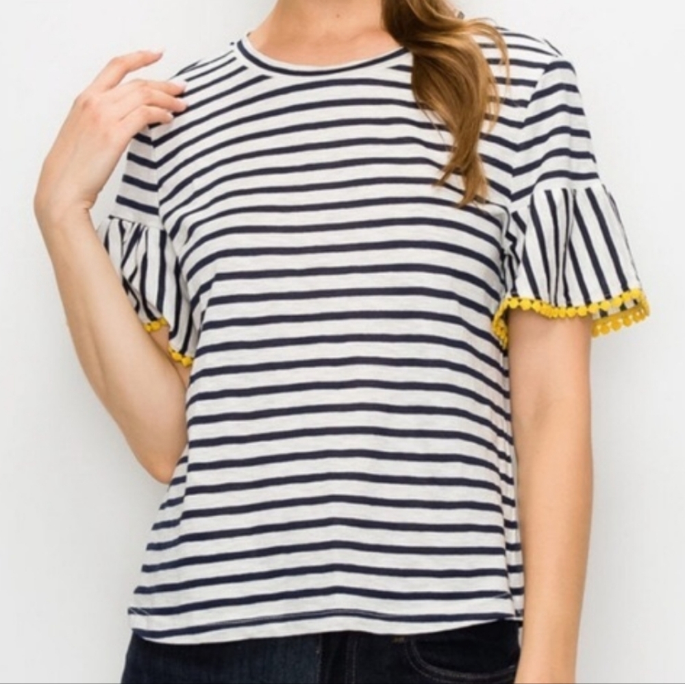 Striped Short Sleeve Top with Yellow Pom Trim
